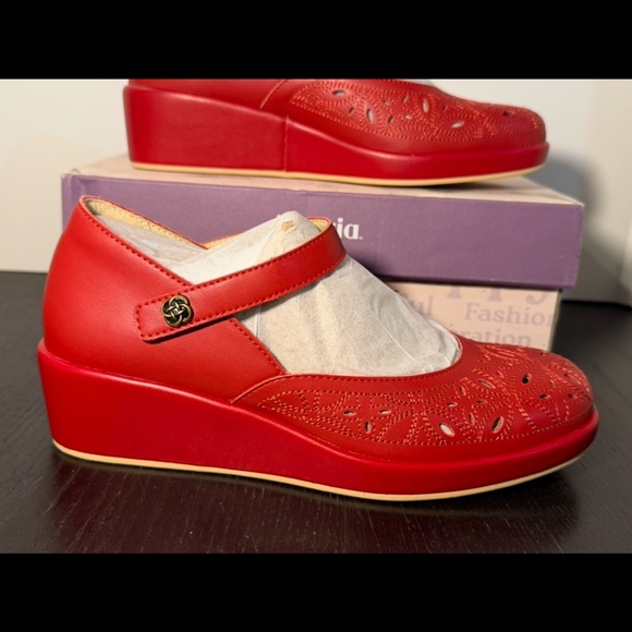 Alegria Shoes - Alegria Hayes Ruby Breeze Mary Jane Wedge Heel Shoes Red Womans EU 38/US 8-8.5